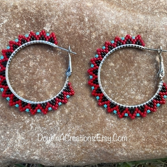 Red and Turquoise Beaded 1 1/4” Hoops, Handmade - Picture 7 of 8